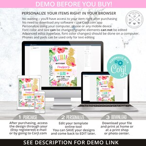 May include: A digital invitation template for a luau party with a pineapple and tropical flowers. The template is customizable with Corjl.com. The text on the invitation says "Aloha! It is a celebration Penelope's 7th Birthday Luau August 21, 2022 | 2:30 PM".