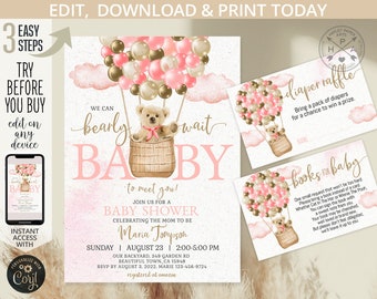 Bear baby shower invitation, insert raffle book request cards, bearly wait hot air balloon pink tan gold flying balloons. Editable 196HPA 33