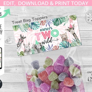 May include: Printable treat bag topper featuring a pink and green jungle theme with the text "Harley's Two Wild". The topper is 4.25 inches by 4 inches.