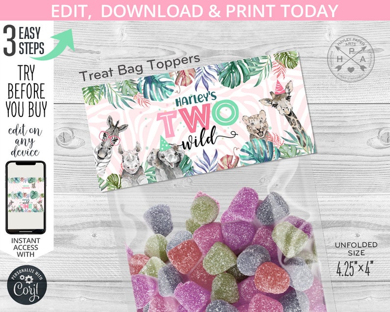 May include: Printable treat bag topper featuring a pink and green jungle theme with the text "Harley's Two Wild". The topper is 4.25 inches by 4 inches.