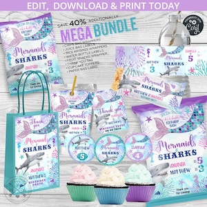 Meerjungfrauen und Haie Geburtstags-Party-Pack MEGA BUNDLE, Chips Tüten, Saft Krispies Wrapper Snacks, Tags Etiketten. Bearbeitbare Druckdateien. 062HPA 40