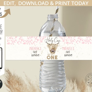 Etiquette pour bouteille d'eau vache sacrée I'm ONE girl, rose, vache des montagnes, ferme grange, ranch, rose, beige, fête d'anniversaire. Imprimable numériquement. 209HPA 19C