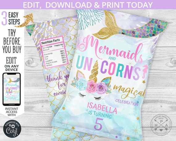 Mermaids and unicorns joint party chip bag, chips pouch wrapper, under the sea, magical celebration birthday editable printable. 061HPA 30 A Il_570xn