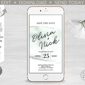 Bewaar de datum kalligrafische elektronische aquarel boho bruiloft script handgeschreven smartphone e-vite, sms-uitnodiging. Directe download. 400 pk E18