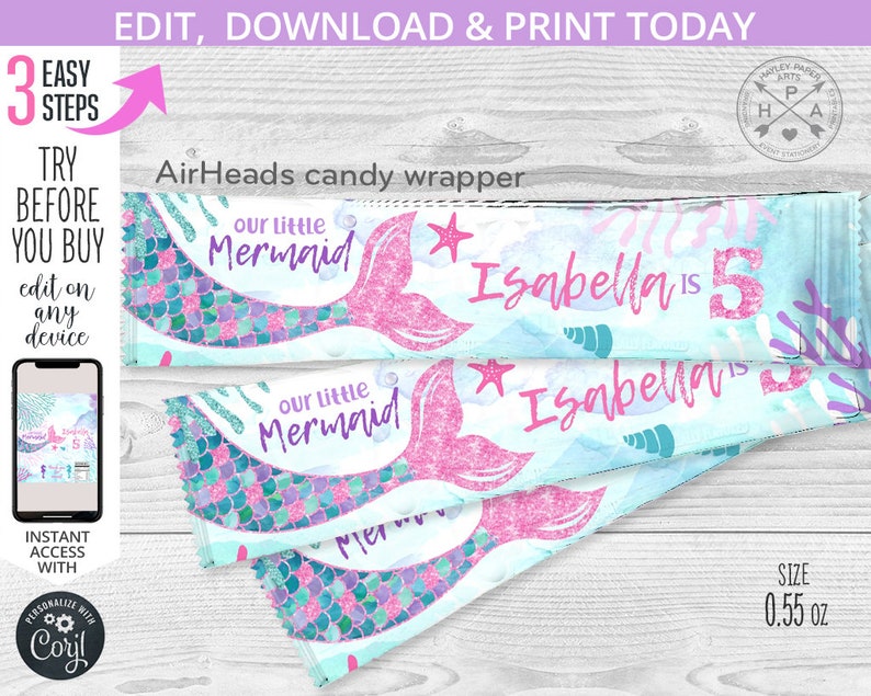 Mermaid Candy Bar Wrapper, Label, Any Age Under the Sea Glitter Pink ...