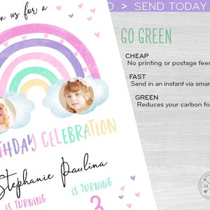 May include: A colorful birthday celebration invitation featuring a watercolor rainbow, two photos of children, and the text "Birthday Celebration." The invitation includes the names "Stephanie" and "Paulina" and the number "3."