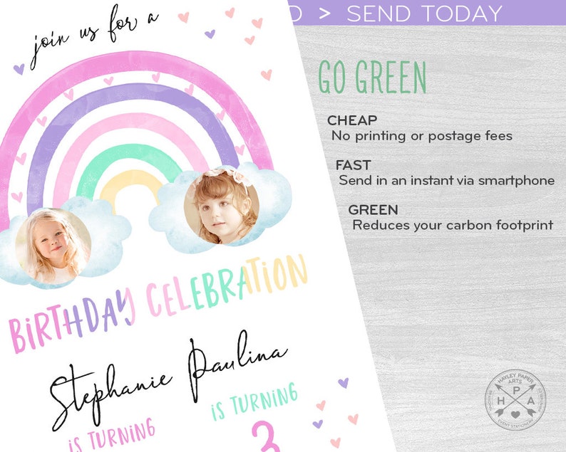 May include: A colorful birthday celebration invitation featuring a watercolor rainbow, two photos of children, and the text "Birthday Celebration." The invitation includes the names "Stephanie" and "Paulina" and the number "3."