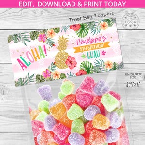 May include: A clear plastic bag filled with colorful candies, topped with a treat bag topper. The topper features a pineapple, tropical flowers, and the text "Aloha!" and "Penelope's 5th Birthday Luau."