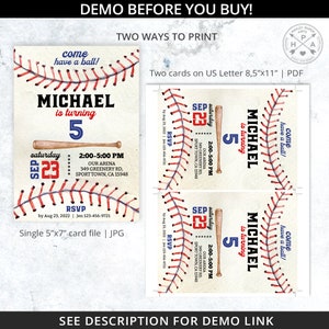 May include: Baseball-themed birthday invitation with a red, white, and blue color scheme. The invitation features a baseball with red stitching, a baseball bat, and the text "Michael is turning 5" in blue text. The invitation also includes the date and time of the party, as well as the location. The invitation is designed to look like a vintage baseball card.