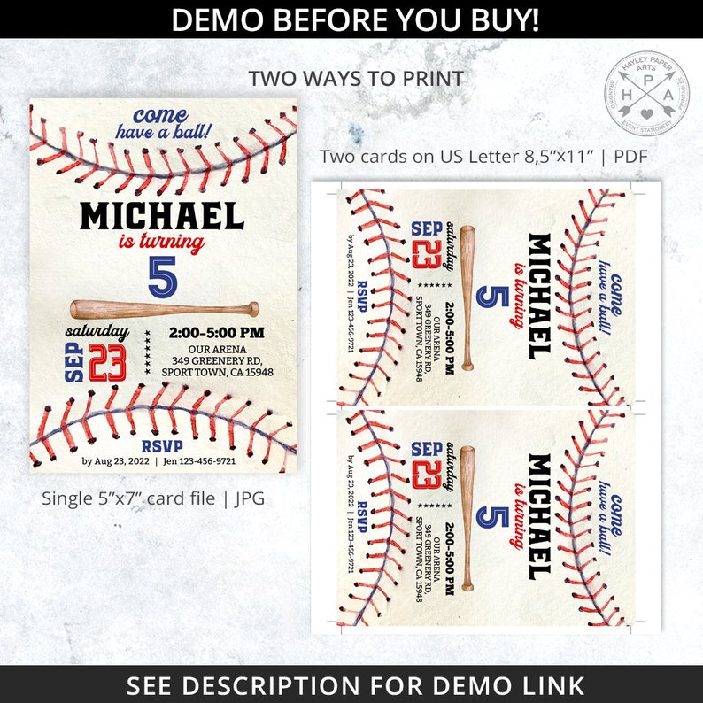 May include: Baseball-themed birthday invitation with a red, white, and blue color scheme. The invitation features a baseball with red stitching, a baseball bat, and the text "Michael is turning 5" in blue text. The invitation also includes the date and time of the party, as well as the location. The invitation is designed to look like a vintage baseball card.