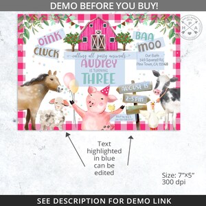 May include: A pink and white farm-themed birthday party invitation with a red barn, a pig, a horse, a lamb, a cow, and a goose. The text on the invitation says "oink cluck baa moo calling all party animals Audrey is turning three August 15 2-5 pm Our Barn 349 Squarell Rd, Pine Town, CA 15948 RSVP by Aug 3 Jen 123-456-9721".
