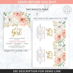 EDITABLE It's a Girl baby shower blush pink gold eucalyptus boho invitation. Instant access to the template. Customized by you. 120HPA 04 image 4