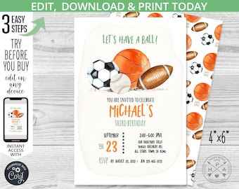 Let's have a ball sports birthday invitation balls all stars boy party invite soccer game activities party. Editable card design. 204HPA 05