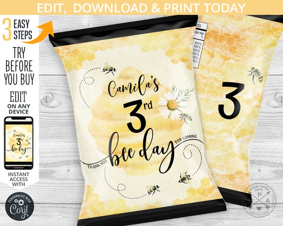 Bee chip bag, snacks treat bags, honey bee three, favor chips bag, chips pouch, any age bee birthday party editable template. 059HPA 17 B Il_570xn