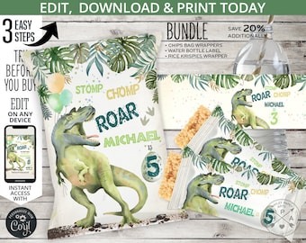BUNDLE Dinosaur chips bag, water bottle label, rice krispies wrapper, dino T-Rex pack party pack boy birthday. Editable printables 139HPA 43