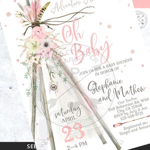 May include: A pink and white baby shower invitation with a teepee design and floral accents. The invitation reads "Oh Baby" and includes the date "Saturday, April 23" and the time "2-4 PM".