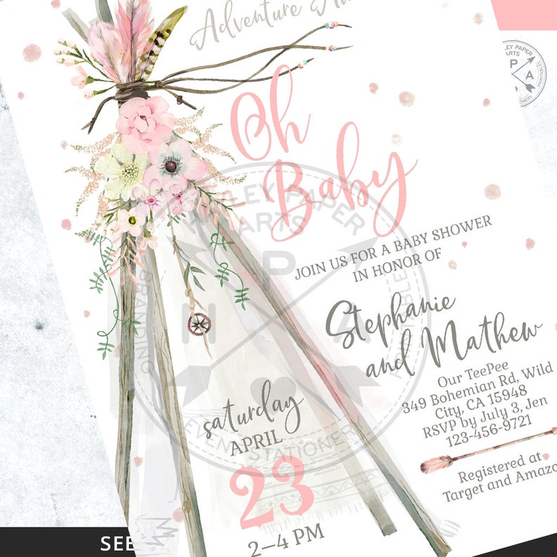May include: A pink and white baby shower invitation with a teepee design and floral accents. The invitation reads "Oh Baby" and includes the date "Saturday, April 23" and the time "2-4 PM".