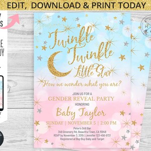 Twinkle twinkle little star gender reveal baby shower pink blue gold silver invitation. Instant access to template. Edited by you. 009HPA 05