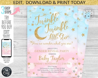 Twinkle twinkle little star gender reveal baby shower pink blue gold silver invitation. Instant access to template. Edited by you. 009HPA 05