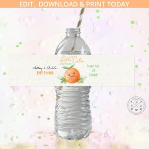 Little cutie baby shower water bottle label, clementine smiling cute orange fruit citrus greenery wrap. Editable printable. 250HPA 12 A