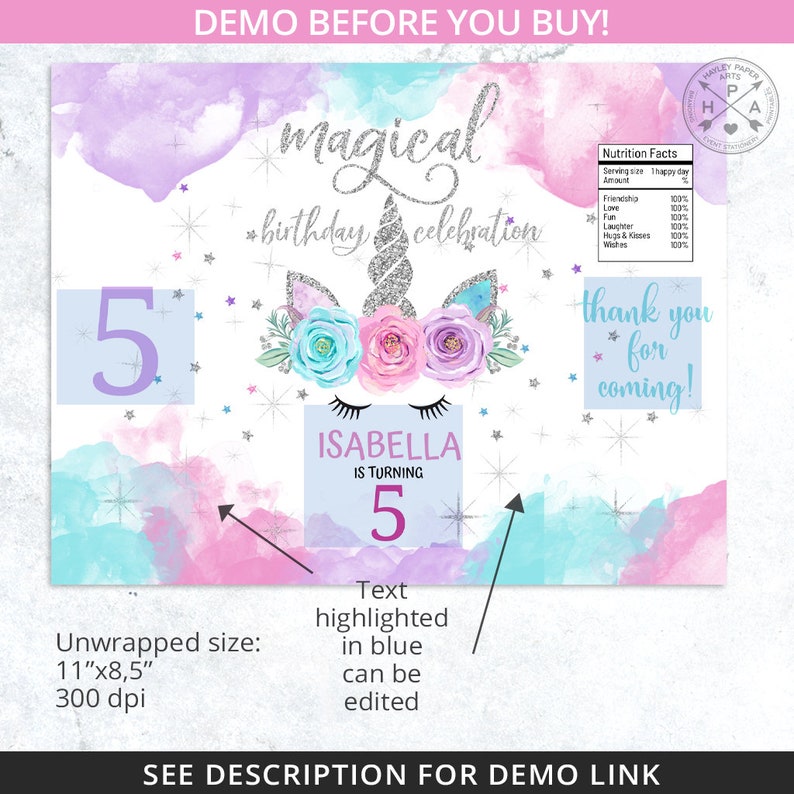 May include: A printable party invitation featuring a unicorn with a silver glitter horn and flowers in shades of pink, blue, and purple. The text "magical birthday celebration" is written in a whimsical font. The invitation is 11 inches by 8.5 inches and 300 dpi.