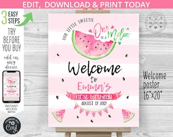 Watermelon welcome sign 1st first birthday party poster 16x20 guest book. One in a melon pink green. Editable printable sign. 050HPA 16 B