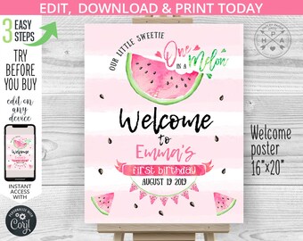 Letrero de bienvenida con forma de sandía, póster para fiesta de primer cumpleaños, libro de visitas de 16 x 20 pulgadas. Uno en un tono rosa melón y verde. Letrero editable e imprimible. 050HPA 16 B