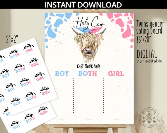 Twins gender reveal voting sign board holy cow baby shower he or she cast your vote party 16x20 pink blue boy girl. NOT EDITABLE 210HPA 19 C Il_570xn