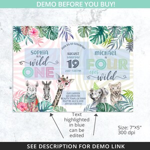 May include: A printable invitation for a child's birthday party. The invitation features a jungle theme with a pink and green zebra print background. The text on the invitation reads "Sophia is a wild one" and "Michael is four ever wild". The invitation is 7 inches by 5 inches and 300 dpi.