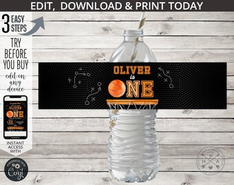 Basketball ONE first birthday water bottle label sports games boy 1st party rookie ball bottle wrapper. Editable printable. 218HPA 12 C