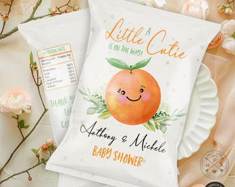 Kleine Clementinen-Chips, kleine orange Geschenkverpackung, Chips-Etikett, Babyparty-Party. Bearbeitbare druckbare Vorlage. 250HPA 30 A