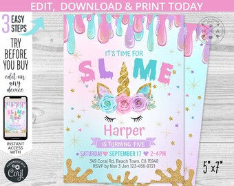 Slime unicorn party birthday invitation purple pink glitter gold glitter magical party invite invitations. Editable printable. 047HPA 02