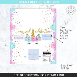 Pu&ograve; includere: Un'etichetta per bomboniere di festa stampabile con un unicorno con un corno dorato e una corona di fiori. L'etichetta ha uno sfondo acquerellato blu chiaro e rosa con stelle dorate scintillanti. Il testo "magical celebration" &egrave; in lettere dorate e il testo "Isabella's Birthday Treats" &egrave; in lettere nere. L'etichetta misura 5 pollici per 6 pollici e 300 dpi.