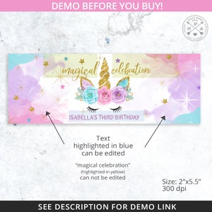 May include: A printable banner with a unicorn illustration and the text "magical celebration" in yellow and "Isabella's Third Birthday" in blue. The banner has a watercolor background with pink, purple, and blue colors and gold glitter stars.