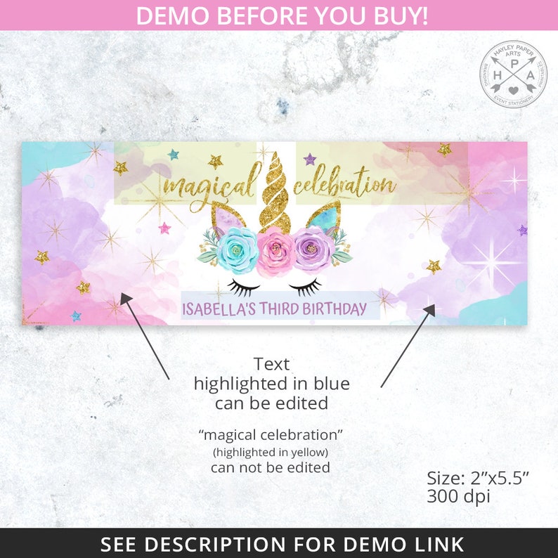 May include: A printable banner with a unicorn illustration and the text "magical celebration" in yellow and "Isabella's Third Birthday" in blue. The banner has a watercolor background with pink, purple, and blue colors and gold glitter stars.