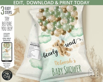 Bear balloons bearly wait chips bag wrapper, baby shower favor bag, green gold treat bags, chips pouch party. Editable template. 194HPA 30 B