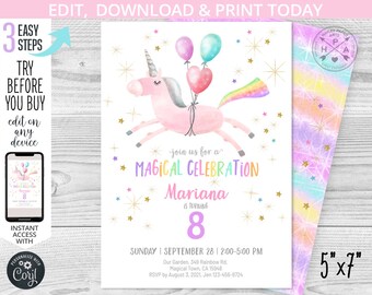 May include: A whimsical invitation for a magical celebration. The design features a pink unicorn with balloons, stars, and the text "MAGICAL CELEBRATION". The invitation is 5"x7" and includes event details and the text "EDIT, DOWNLOAD & PRINT TODAY".