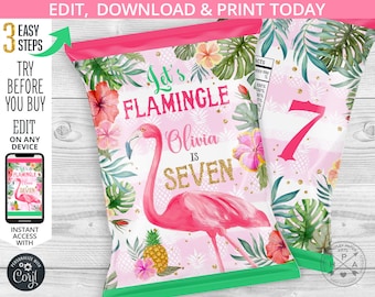 Flamingo chip bag, flamingle snacks treat bags, chips pouch, wrapper, tropical pineapple, any age birthday party printables. 044HPA 17 A