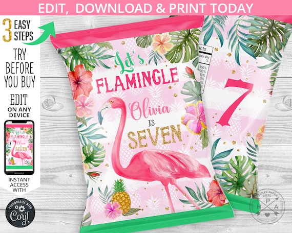 Flamingo chip bag, flamingle snacks treat bags, chips pouch, wrapper, tropical pineapple, any age birthday party template. 044HPA 17 A Il_570xn
