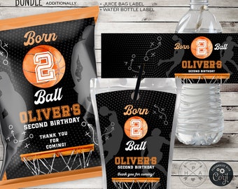 Basketball born 2 ball birthday bundle, 2nd TWO ball, chips bag, water bottle, juice label, rice party pack stars. Editable pack. 252HPA 41
