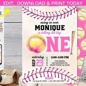 Softball first birthday invitation ONE pink yellow ball girl party invite softball game party. Editable printable card design. 179HPA 01