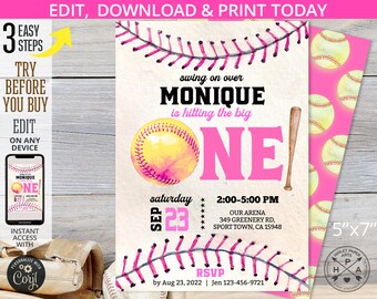 May include: A pink and yellow softball-themed first birthday party invitation with a baseball bat, a softball, and the text "swing on over MONIQUE is hitting the big ONE!"  The invitation is 5" x 7" and includes the date, time, and location of the party.