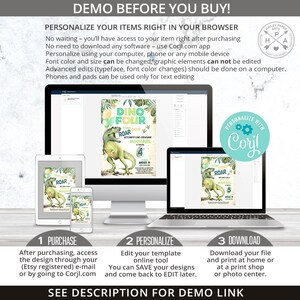 May include: A digital mockup showing how to personalize a dinosaur-themed birthday invitation using an online design tool. The invitation features a green dinosaur with the text "Dino Four" and "Roar".
