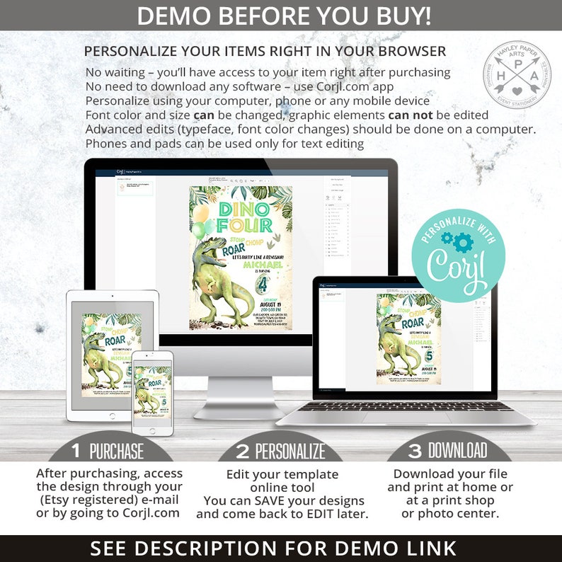 May include: A digital mockup showing how to personalize a dinosaur-themed birthday invitation using an online design tool. The invitation features a green dinosaur with the text "Dino Four" and "Roar".