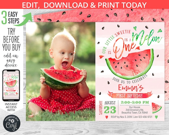 Watermelon 1st Birthday Invitation Kara's Party Ideas One In A Melon