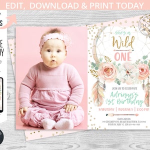 Wild one dreamcatcher first birthday blush roses pink arrows gold boho girl photo invitation. Self-editable printable. 122HPA 44