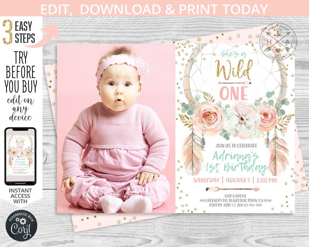 Wild one dreamcatcher first birthday blush roses pink arrows gold boho girl photo invitation. Self-editable printable. 122HPA 44