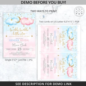 Twinkle twinkle little star gender reveal baby shower pink blue clouds stars invitation. Instant access to selfeditable template. 177HPA 02 image 4
