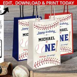 Baseball Papier Geschenktüte Etiketten erster Geburtstag Bevorzugung kleiner Rookie ONE Teig Sport Party Griff Takeaway Label. Bearbeitbares Design 191HPA 19 G