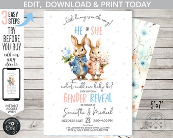 Bunny easter gender reveal baby shower peter rabbit blue pink invitation he or she boy girl editable party. Selfeditable printable 230HPA 01